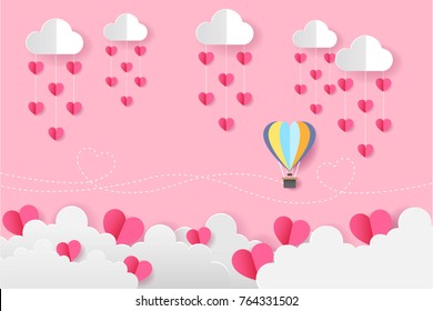 Origami Balloon On The Sky and Heart Rain, Love and Valentine Day Vector Illustration Paper Art