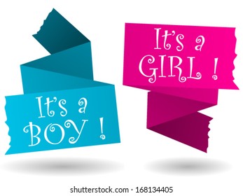 Origami banner with drop shadow in pink and blue with baby boy or girl announcement