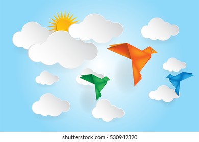 Origami bird and cloud paper on blue sky background, eps 10