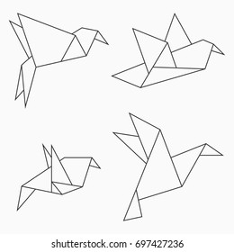 Origami Bird Collection. Set Of Line Geometric Shape For Art Of Folded Paper. Vector Illustration.