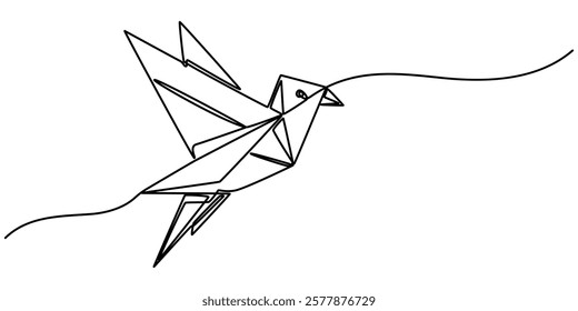 origami bird continuous one line drawing, Single continuous line drawing of beauty funny origami paper form flying hummingbird. Traditional Japanese paper craft folding concept. Train fine motor pro. 