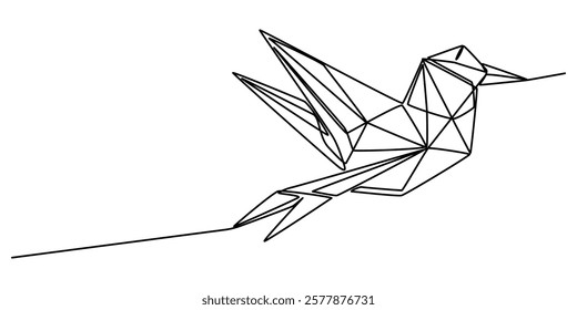 origami bird continuous one line drawing, Single continuous line drawing of beauty funny origami paper form flying hummingbird. Traditional Japanese paper craft folding concept. Train fine motor pro. 