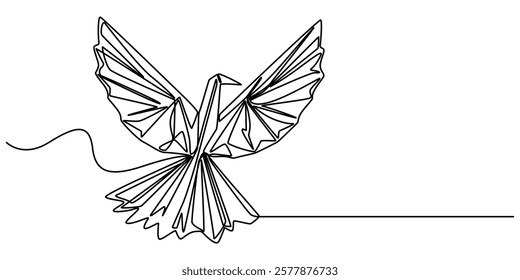 origami bird continuous one line drawing, Single continuous line drawing of beauty funny origami paper form flying hummingbird. Traditional Japanese paper craft folding concept. Train fine motor pro. 