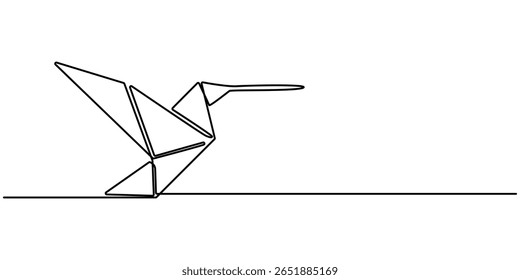  origami bird continuous one line drawing, Single continuous line drawing of beauty funny origami paper form flying hummingbird. Traditional Japanese paper craft folding concept. Train fine motor pro.