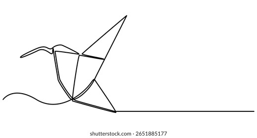  origami bird continuous one line drawing, Single continuous line drawing of beauty funny origami paper form flying hummingbird. Traditional Japanese paper craft folding concept. Train fine motor pro.