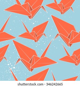 Origami bird crane vector illustration. Seamless pattern.