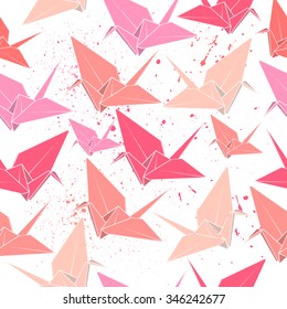 Origami bird crane vector illustration. Seamless pattern.