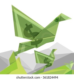 Origami Bird Dollar Money Bill Mountain Background, Vector, Illustration  