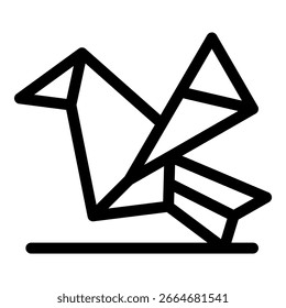 Pájaro de origami con alas aleteando de pie en el suelo, ilustración de arte de línea simple