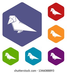 Origami bird icons vector colorful hexahedron set collection isolated on white
