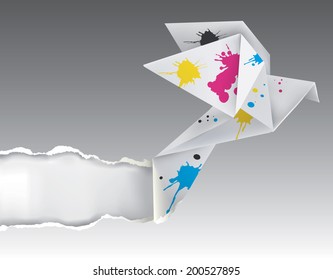 Origami bird with ink ripping paper Illustration of folded paper dove with splashes of ink ripped paper.  Concept for presenting color printing press. 