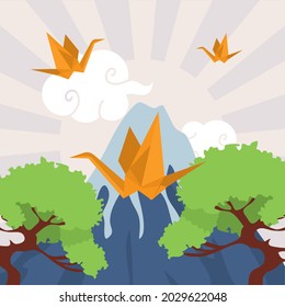 origami bird with nature japanese landscape