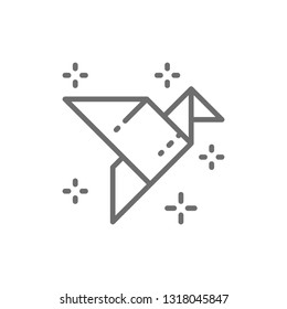 Origami bird, paper application, crane line icon.