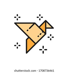 Origami bird, paper application, crane flat color line icon.