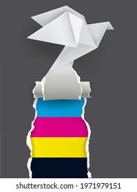 
Origami bird with print colors.
Paper pigeon tearing black paper with cmyk print colors. Concept for presenting of color printing. Vector available.