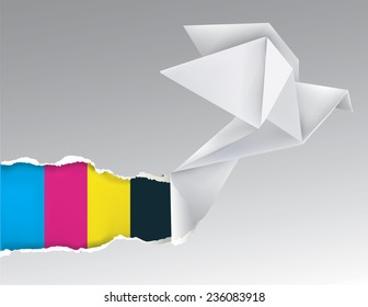 Origami bird with print colors. Vector illustration of Origami flying pigeon ripping paper with print colors. Concept for presenting color printing press. 