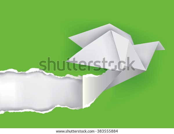 Origami bird\
ripping green paper.\
Illustration of Origami bird ripping green\
paper with place for your image or text Theme symbolizing\
revelation, uncovered. Vector\
available.\
