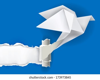 Origami bird ripping paper. Vector illustration of Origami bird ripping paper with place for your image or text. Theme symbolizing revelation, uncovered. 