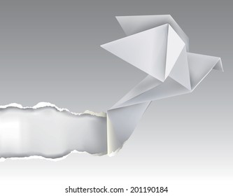 Origami bird ripping white paper. Vector illustration of Origami bird ripping white paper with place for your image or text. Theme symbolizing revelation, uncovered 