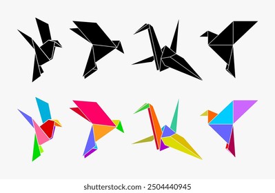 Origami bird set vector in black and colorful design.