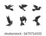 Origami bird silhouettes set, low poly polygon geometric birds illustration