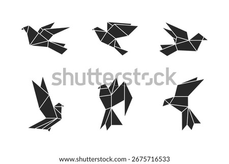 Origami bird silhouettes set, low poly polygon geometric birds illustration