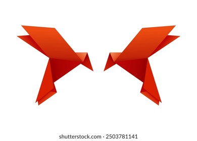 Origami bird vector. Realistic two red bird origami representing love couple. 