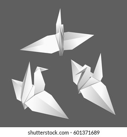 Origami bird vector. Three white paper origami birds on a gray background