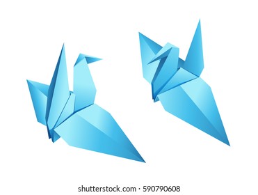 Origami bird vector. Two blue paper origami birds on a white background
