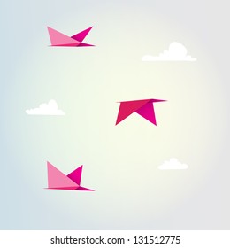 Origami birds and clouds vector design background