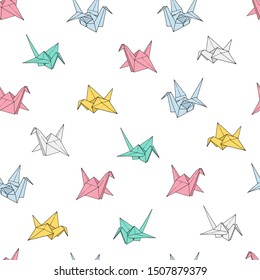 Origami birds crane shapes vector seamless pattern, hand drawn folder paper japan art color animals background