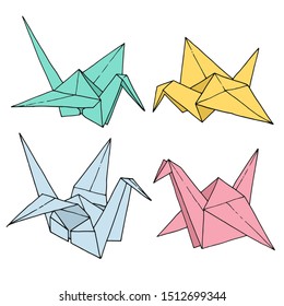 Origami birds crane shapes vector set, hand drawn folder paper art color animal illustration isolated on white background