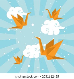 origami birds flying with clouds