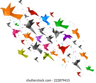 Origami Birds Flying Upwards Vector Illustration.