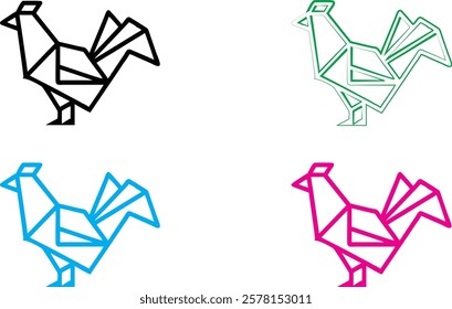 Origami birds, geometric shapes, minimalist design, colorful outlines, black blue green pink, paper folding art, simple line drawings, abstract bird silhouettes, angular forms, clean vector graphics, 