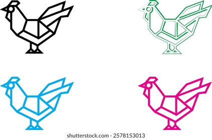 Origami birds, geometric shapes, minimalist design, colorful outlines, black blue green pink, paper folding art, simple line drawings, abstract bird silhouettes, angular forms, clean vector graphics, 