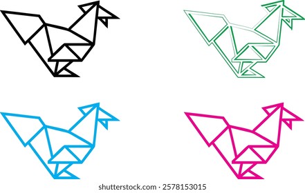 Origami birds, geometric shapes, minimalist design, colorful outlines, black blue green pink, paper folding art, simple line drawings, abstract bird silhouettes, angular forms, clean vector graphics, 