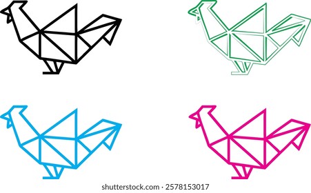 Origami birds, geometric shapes, minimalist design, colorful outlines, black blue green pink, paper folding art, simple line drawings, abstract bird silhouettes, angular forms, clean vector graphics, 