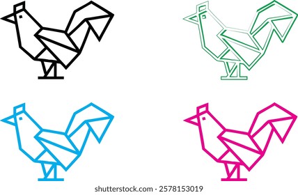 Origami birds, geometric shapes, minimalist design, colorful outlines, black blue green pink, paper folding art, simple line drawings, abstract bird silhouettes, angular forms, clean vector graphics, 