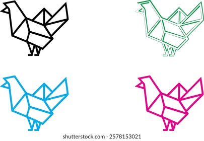 Origami birds, geometric shapes, minimalist design, colorful outlines, black blue green pink, paper folding art, simple line drawings, abstract bird silhouettes, angular forms, clean vector graphics, 