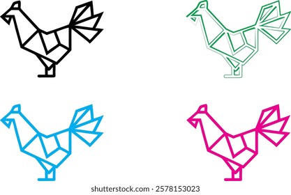 Origami birds, geometric shapes, minimalist design, colorful outlines, black blue green pink, paper folding art, simple line drawings, abstract bird silhouettes, angular forms, clean vector graphics, 