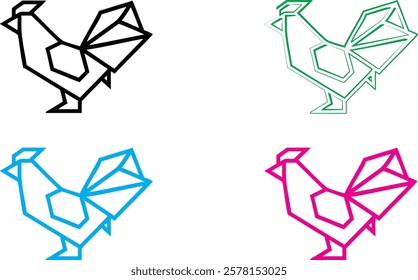 Origami birds, geometric shapes, minimalist design, colorful outlines, black blue green pink, paper folding art, simple line drawings, abstract bird silhouettes, angular forms, clean vector graphics, 