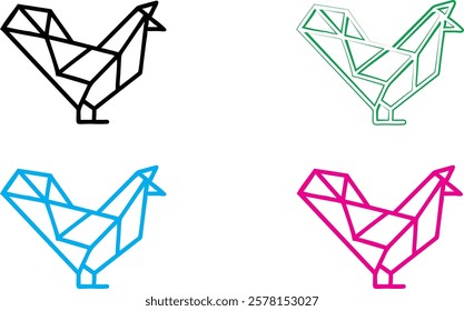 Origami birds, geometric shapes, minimalist design, colorful outlines, black blue green pink, paper folding art, simple line drawings, abstract bird silhouettes, angular forms, clean vector graphics, 