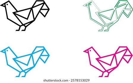 Origami birds, geometric shapes, minimalist design, colorful outlines, black blue green pink, paper folding art, simple line drawings, abstract bird silhouettes, angular forms, clean vector graphics, 