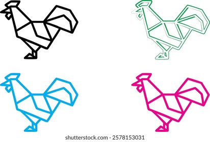 Origami birds, geometric shapes, minimalist design, colorful outlines, black blue green pink, paper folding art, simple line drawings, abstract bird silhouettes, angular forms, clean vector graphics, 