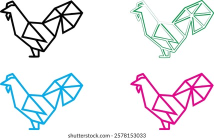 Origami birds, geometric shapes, minimalist design, colorful outlines, black blue green pink, paper folding art, simple line drawings, abstract bird silhouettes, angular forms, clean vector graphics, 