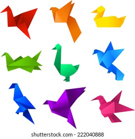 Origami birds icons set. With nine (9) different origami birds in different colors like: red, orange, yellow, green, turquoise, blue, light blue, violet and pink vector illustration.