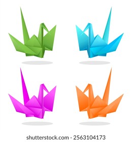 Origami birds set vector. Bird origami in green, orange, magenta and blue color.