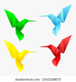 Origami birds set vector. Bird origami in green, orange, red and blue color.