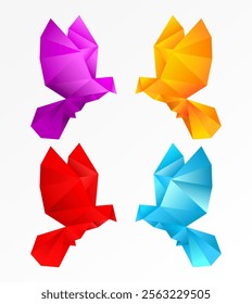 Origami birds set vector. Bird origami in green, orange, red and blue color.